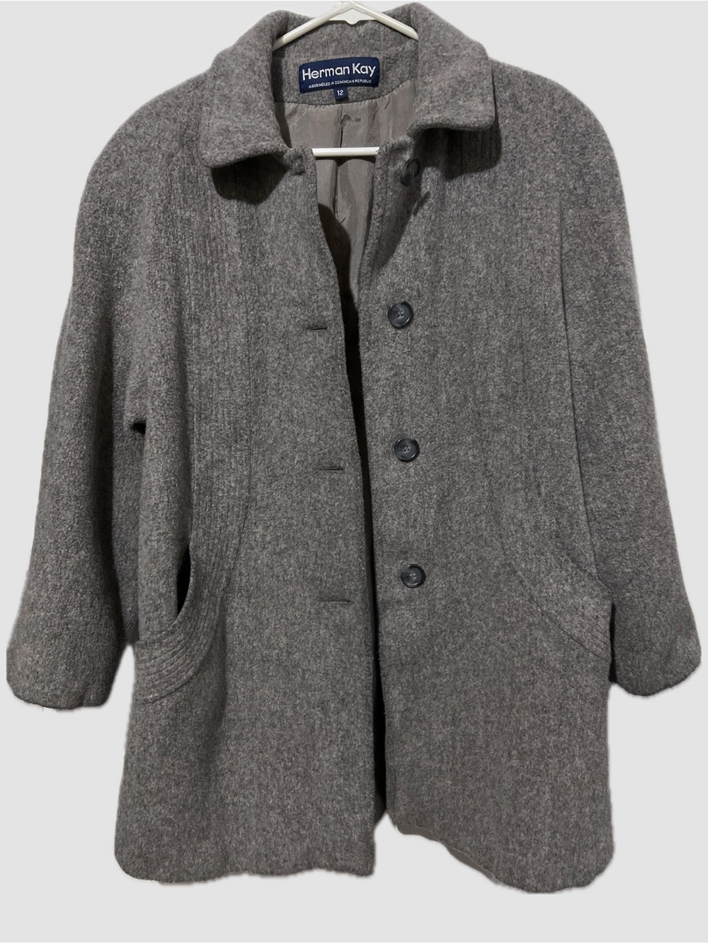 Vintage Herman Kay Gray Wool Blend Coat Women's Size 12 Long Overcoat Winter
